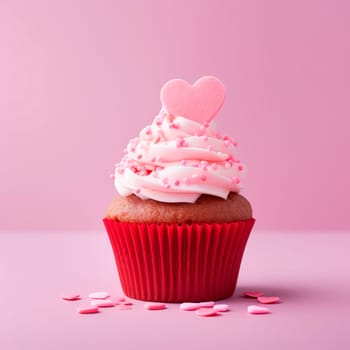 A beautiful dessert for Valentine's Day. Cupcake on a pink background. Cupcake decorated with cream and hearts. The concept of celebrating February 14.