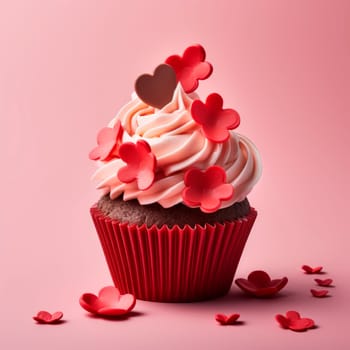 A beautiful dessert for Valentine's Day. Cupcake on a pink background. Cupcake decorated with cream and hearts. The concept of celebrating February 14.