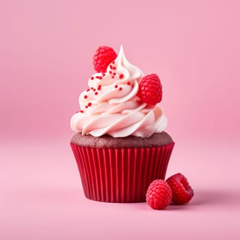 A beautiful dessert for Valentine's Day. Cupcake on a pink background. Cupcake decorated with cream and hearts. The concept of celebrating February 14.