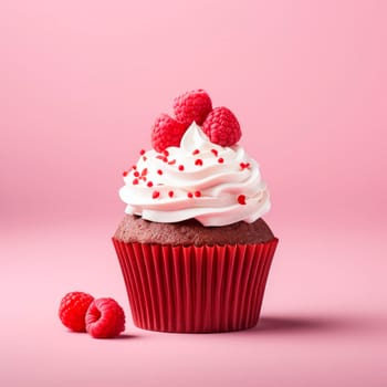 A beautiful dessert for Valentine's Day. Cupcake on a pink background. Cupcake decorated with cream and hearts. The concept of celebrating February 14.