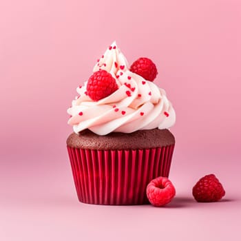 A beautiful dessert for Valentine's Day. Cupcake on a pink background. Cupcake decorated with cream and hearts. The concept of celebrating February 14.