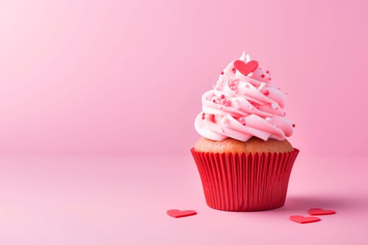 A beautiful dessert for Valentine's Day. Cupcake on a pink background. Cupcake decorated with cream and hearts. The concept of celebrating February 14.