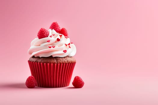 A beautiful dessert for Valentine's Day. Cupcake on a pink background. Cupcake decorated with cream and hearts. The concept of celebrating February 14.