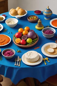 Holiday food on the table, traditional different sauces white plate, plates blue tablecloth. High quality 3d illustration Christmas