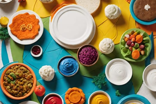 Asian food on the table, different sauces white plate, plates blue tablecloth. High quality 3d illustration