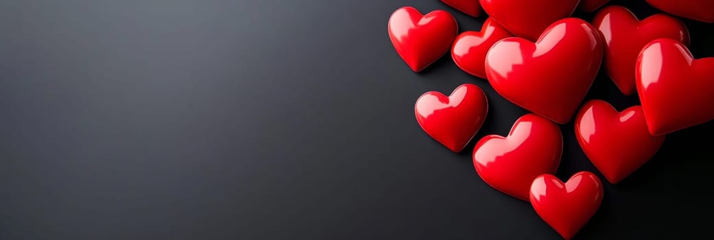 Valentines Day banner featuring vibrant red hearts scattered over soft background, for romantic themes, love promotions, heartfelt messages. Eye-catching design attracts attention, spreads love