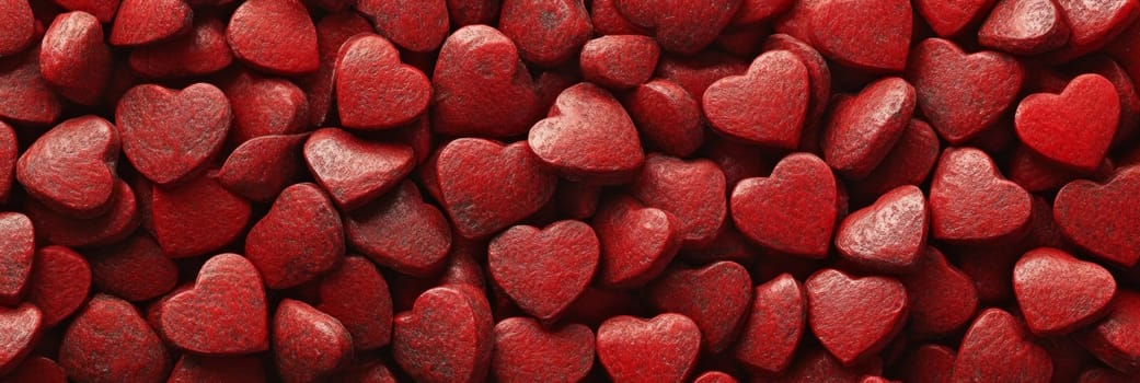 Valentines Day banner filled with vibrant red hearts, creating warm, romantic atmosphere. Perfect for expressing love, affection, this eye-catching design attracts attention, ideal for promotion, gift