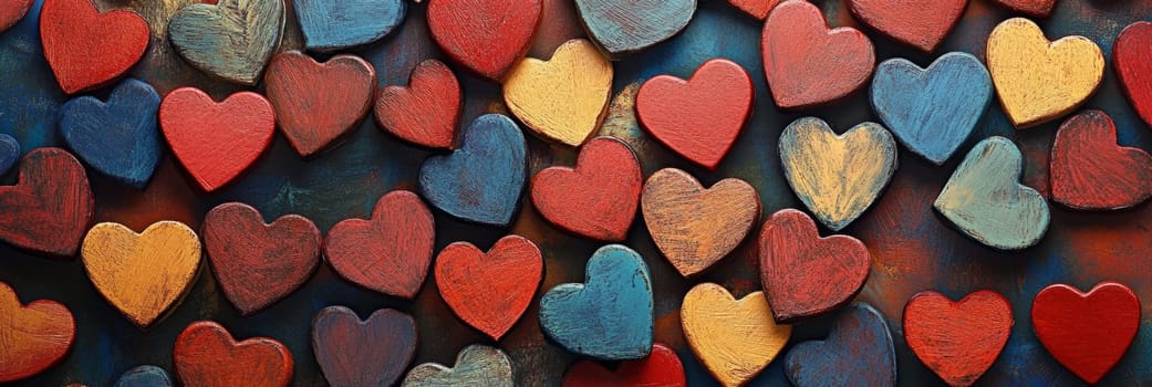 Valentines Day banner bursting with colorful hearts in various shades, set against vibrant background. This playful design captures essence of love, perfect for promotion, gift, romantic celebration