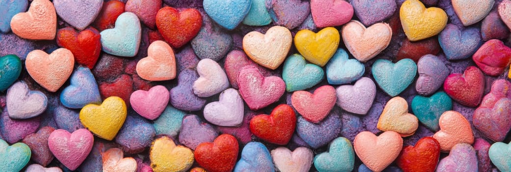 Valentines Day banner filled with delightful assortment of colorful hearts in shades of red, pink, blue, yellow. This cheerful design radiates love, joy, for promotions, gift, romantic celebration