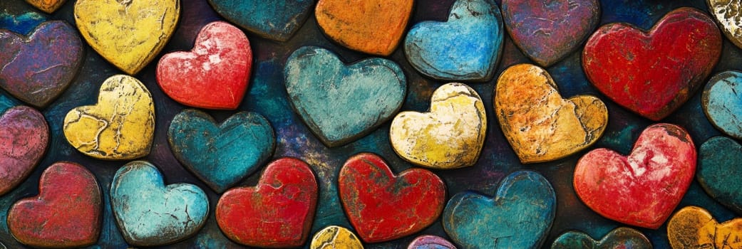 Valentines Day banner featuring vibrant collage of colorful hearts in red, pink, yellow, blue against textured background. This playful design evokes feelings of love, joy, perfect for promotion, gift