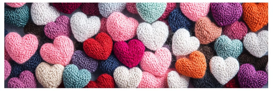 Valentines Day banner featuring charming arrangement of knitted hearts in various colors, including pink, red, blue, creating cozy, inviting atmosphere. For expressing love, warmth in promotion