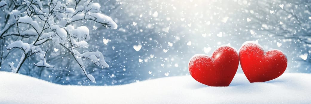 Valentines Day banner featuring two vibrant red hearts resting on snowy background, surrounded by gently falling snowflakes. This enchanting winter scene evokes warmth, romance, for celebrating love