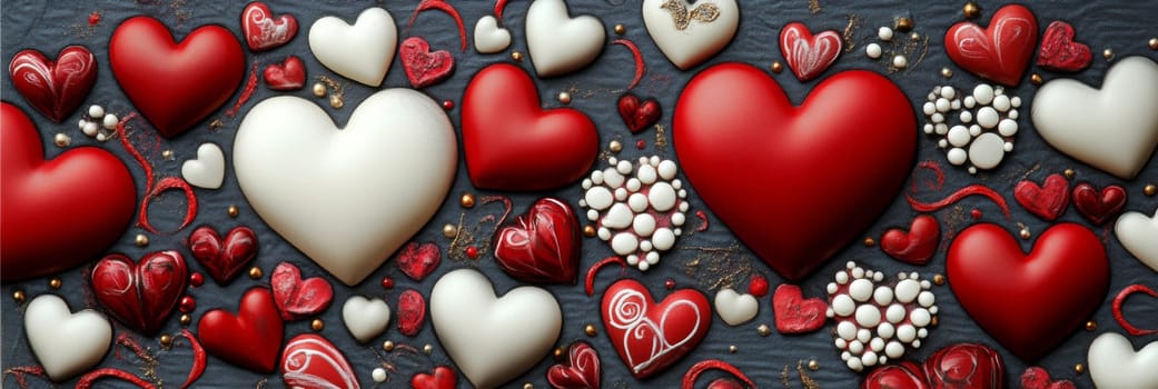 Valentines Day banner delightful arrangement of red, white hearts, decorated with charming swirls, accents. This vibrant design captures essence of love, celebration, for romantic gift, promotion