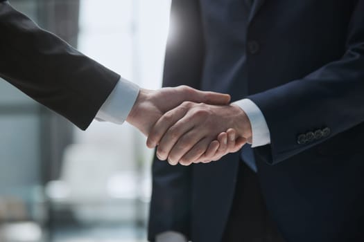Businessman, partnership and shaking hands for human resources, hiring or greeting in workplace