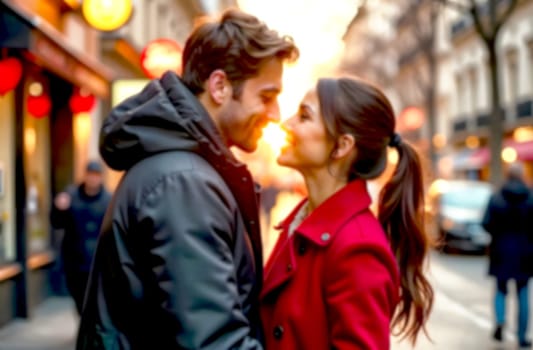 A couple stands close, gazing into each other's eyes on a city street during a colorful sunset on Valentine's Day.. Blurred picture