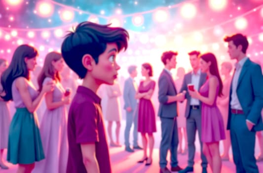 A teenager stands alone, surrounded by a group of peers socializing at a colorful event filled with lights.. Blurred picture