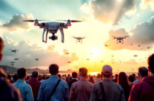 Crowd gathers in a city as drones fill the sky, highlighting the dangers and fear associated with advanced technology in warfare.. Blurred picture