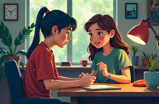 Two teenagers engage in a lively discussion while studying at a desk surrounded by plants and natural light streaming through the window.