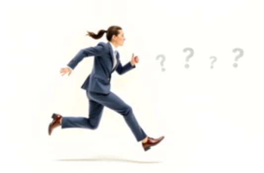A business person in formal attire runs toward several question marks, representing ambiguity and challenges in a blurry context. Blurred picture.