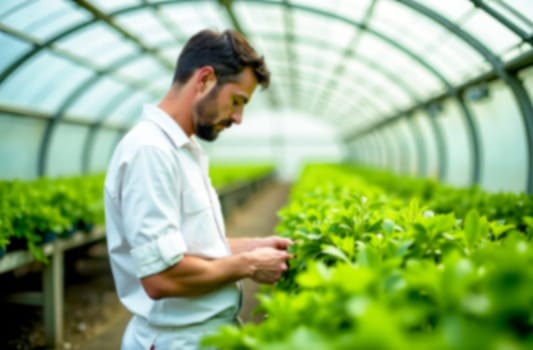 Agronomist with a blurred focus tending to plants in a greenhouse during a training session, emphasizing growth and learning.