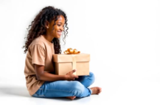 A young child with curly hair is joyfully holding a beautifully wrapped gift box, expressing excitement and happiness indoors.. Blurred picture