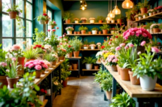 Colorful blooms fill each table in the flower shop, showcasing various plants under warm pendant lights in a cozy atmosphere.