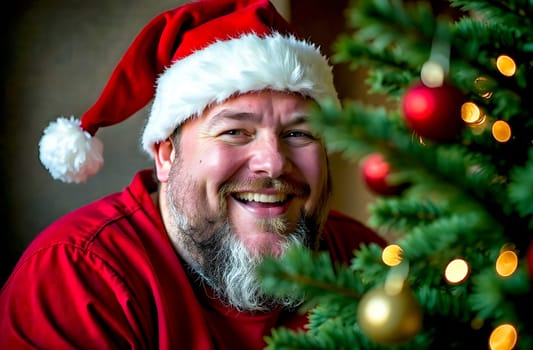 A joyful man wearing a Santa hat sits near a Christmas tree, smiling brightly as holiday decorations shimmer around him.