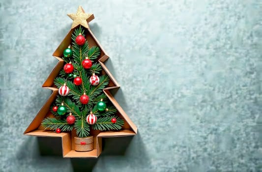 A unique cardboard Christmas tree displays red and green ornaments, set against a textured gray background for the festive season.