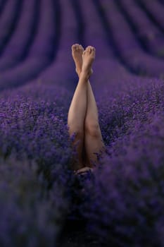 Here's a caption under 150 characters: > Legs crossed, ankles touching, emerge from a dense, purple lavender field. The scene is serene, legs are the focal point.