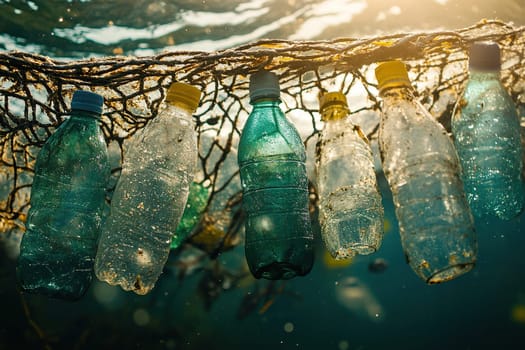 Plastic bottles in the sea got into the net. Ocean garbage collection.
