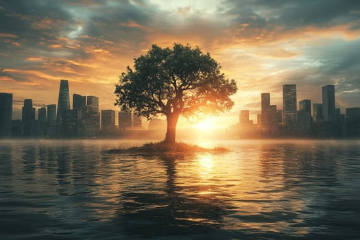 An island with a growing tree surrounded by water, a metropolis in the background. Environment.
