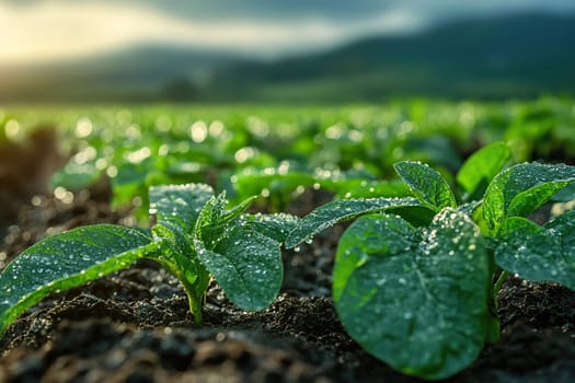 Close-up of green sprouts in water splashes. Irrigation system concept.