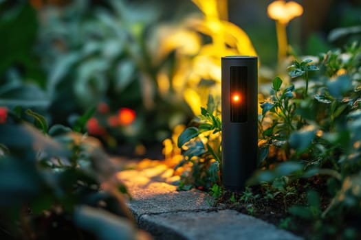 A pest repellent sensor is installed among the plants in the garden in the backyard of a private home.