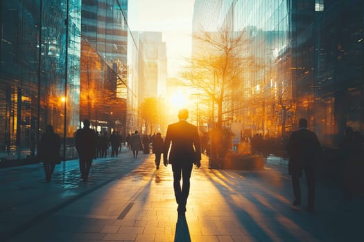 Blurred photo of business people walking in the business center of a metropolis, soft evening sunlight.