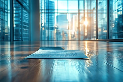 Modern interior of an empty apartment. The lease agreement lies on the floor in an empty room with beautiful panoramic windows overlooking the metropolis.