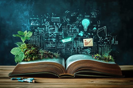 An open book with a virtual projection of the earth, greenery and graphs. The concept of the latest technologies in education.