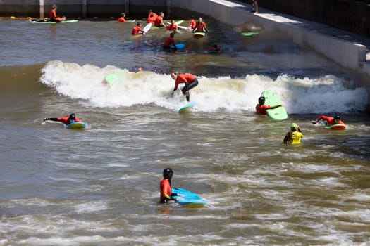 Rotterdam, Netherlands – July 29, 2024: Outdoor artificial surf pool RIF010 in the city center of Rotterdam in the Netherlands