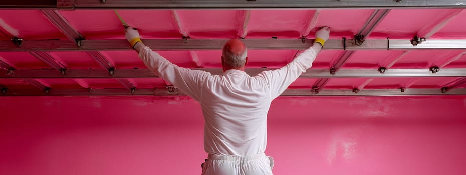 A skilled worker meticulously applies pink coating to a ceiling grid, ensuring a smooth, even finish.