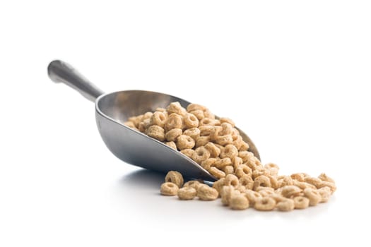 Sweet honey cereal rings in scoop isolated on a white background.