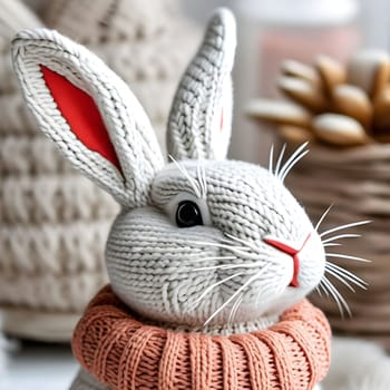 white rabbit 3d model toy gray background Scandinavian style Easter symbol, pink scarf long ears muzzle. High quality 3d illustration alt
