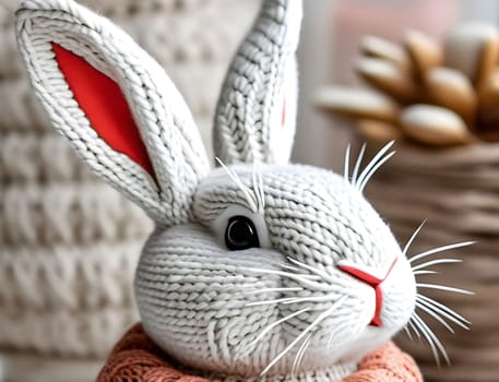 white rabbit 3d model toy gray background Scandinavian style Easter symbol, pink scarf long ears muzzle. High quality 3d illustration alt