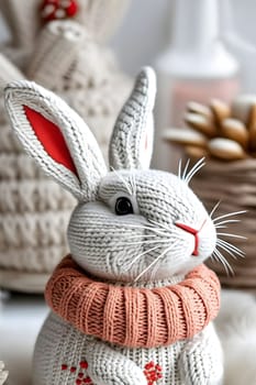 white rabbit 3d model toy gray background Scandinavian style Easter symbol, pink scarf long ears muzzle. High quality 3d illustration alt