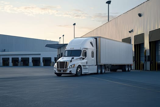 A sleek white semi-truck stands parked in front of a modern distribution warehouse during sunset. The scene captures the essence of logistics and transportation.