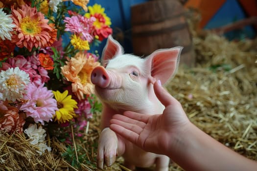 A charming piglet enjoys a gentle touch from a hand amidst colorful flowers in a cozy barnyard. The scene captures the essence of joy and innocence in nature.