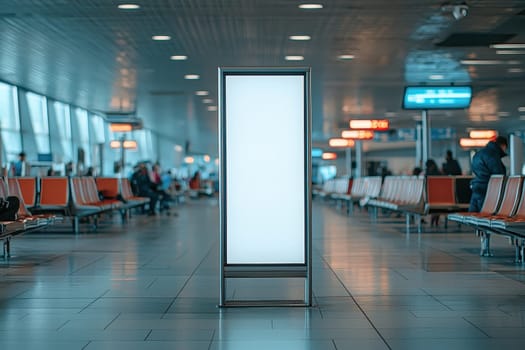 A white sign stands in a large airport terminal. The sign is empty and the terminal is full of people sitting in orange chairs. Scene is calm and quiet, with people waiting for their flights