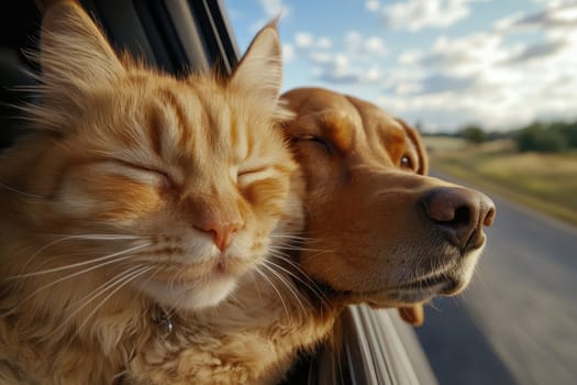 A cheerful scene depicting a cat and dog enjoying a car ride. Both animals show joyful expressions as they feel the wind and connect with nature.