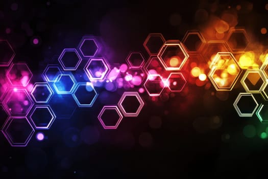 Stunning abstract background featuring colorful hexagonal shapes and vibrant bokeh light effects. Perfect for design projects, presentations, and creative work.