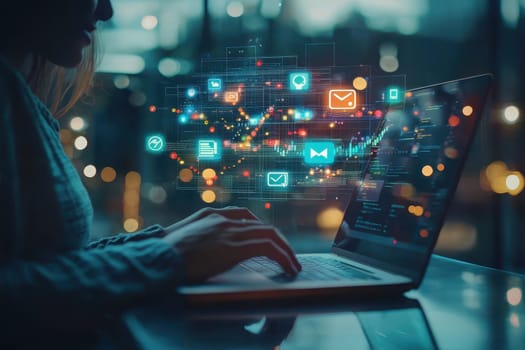 A woman interacts with a laptop in a modern office, surrounded by vibrant digital icons and data visualizations, symbolizing communication and innovation.