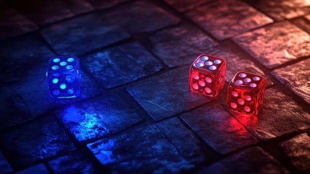 Close-up of colorful dice illuminated by soft light, resting on a dark stone surface, evoking themes of chance and fun in gaming scenarios.