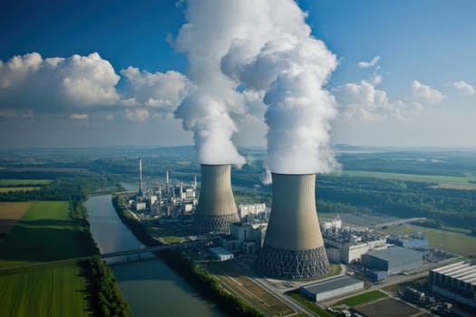 Stunning aerial shot of a nuclear power plant featuring towering cooling structures releasing steam, surrounded by lush greenery and a serene river under a clear blue sky.